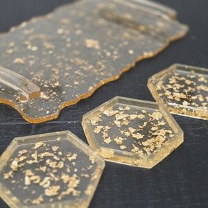 VINTAGE Gold Flake Lucite Tray and 3 Coasters Set